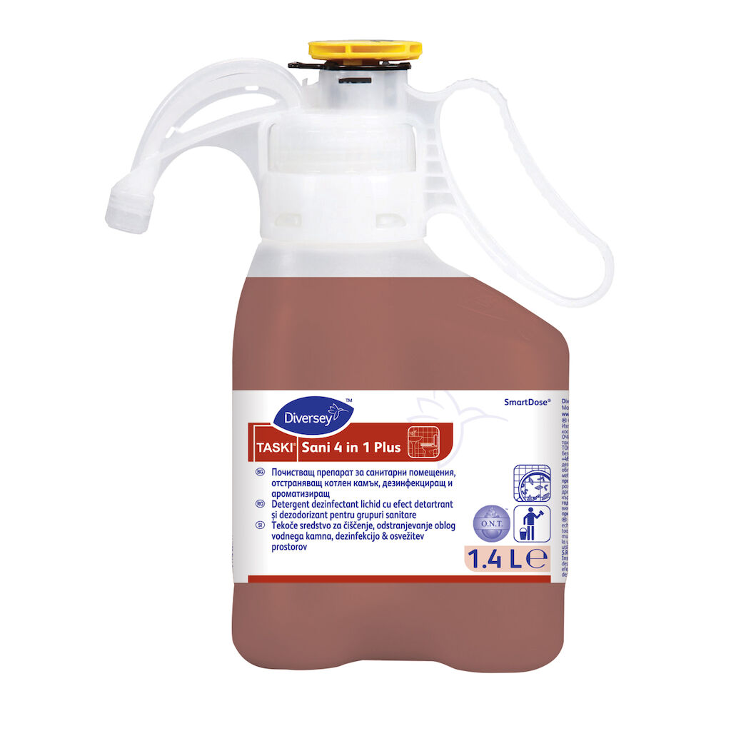 TASKI Sani 4 in 1 Plus 1.4L - Detergent dezinfectant lichid cu efect detartrant și dezodorizant pentru grupuri sanitare în SmartDose®